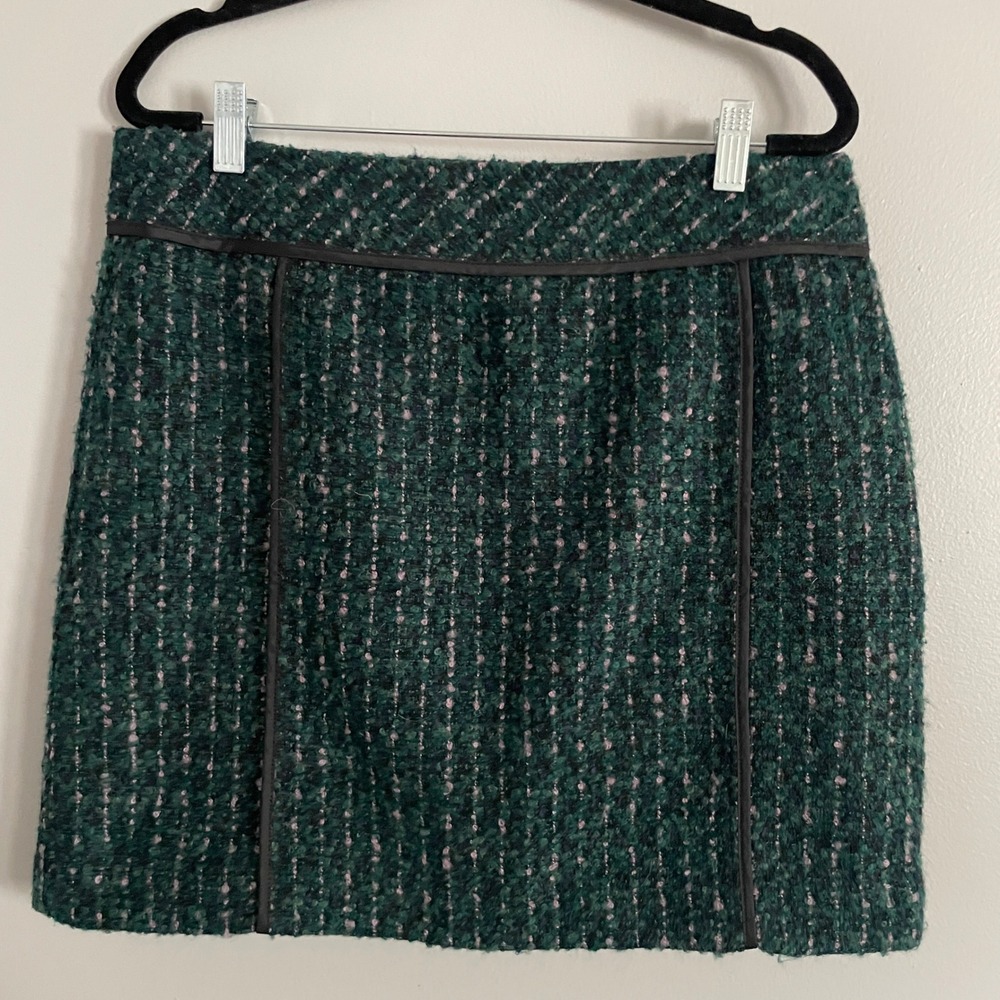 LOFT Tweed Mini Skirt Women 8 Green Wool Blend Faux Leather Trim Preppy
